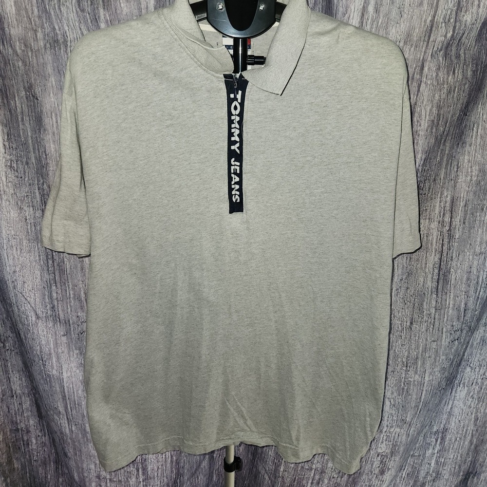 Tommy Hilfiger Gray Logo Short Sleeve 90's Vintage Polo Zip Shirt‎ Men's Size XL